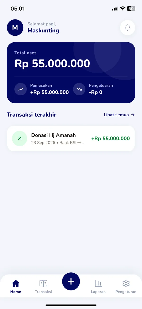 Tampilan beranda aplikasi Android Maskunting: total aset kas masjid, ringkasan pemasukan dan pengeluaran, serta transaksi terakhir